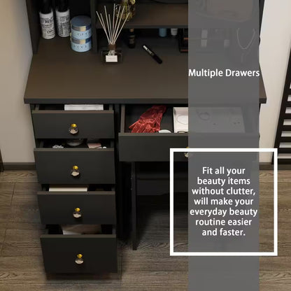 5-Drawers Black Wood Makeup Vanity Set Dressing Desk W/Stool, LED round Mirror and Storage Shelves