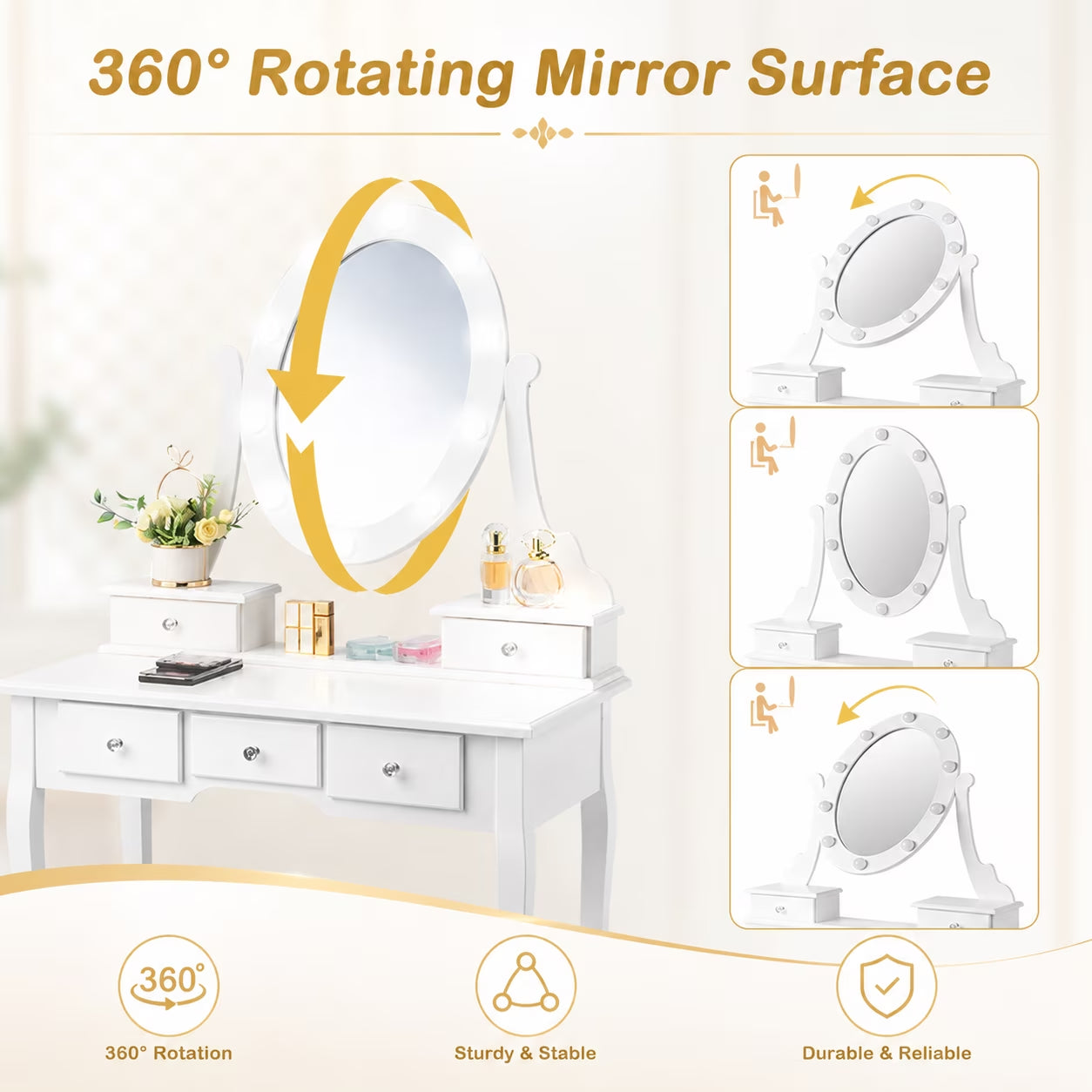 Vanity Table 10 LED Lights, 5 Drawers Makeup Dressing Desk with Cushioned Stool Set,Bedroom Vanities Set White