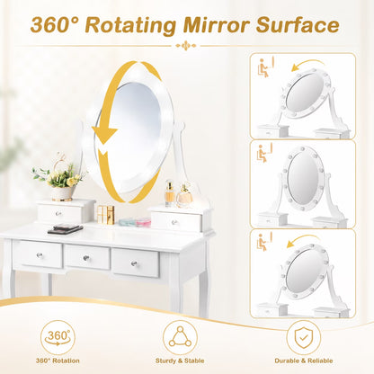 Vanity Table 10 LED Lights, 5 Drawers Makeup Dressing Desk with Cushioned Stool Set,Bedroom Vanities Set White