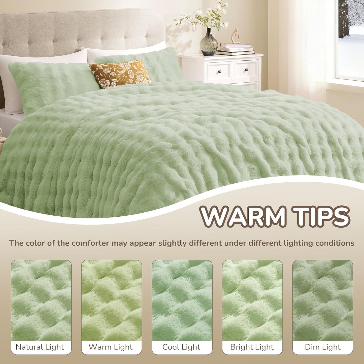 Queen Comforter Set, Fluffy Comforter Faux Fur Comforter Queen Set, Faux Rabbit Fur Winter Bedding Set with 2 Pillowcases, Light Green