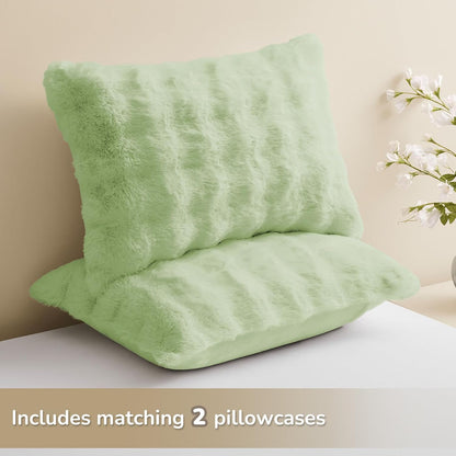 Queen Comforter Set, Fluffy Comforter Faux Fur Comforter Queen Set, Faux Rabbit Fur Winter Bedding Set with 2 Pillowcases, Light Green