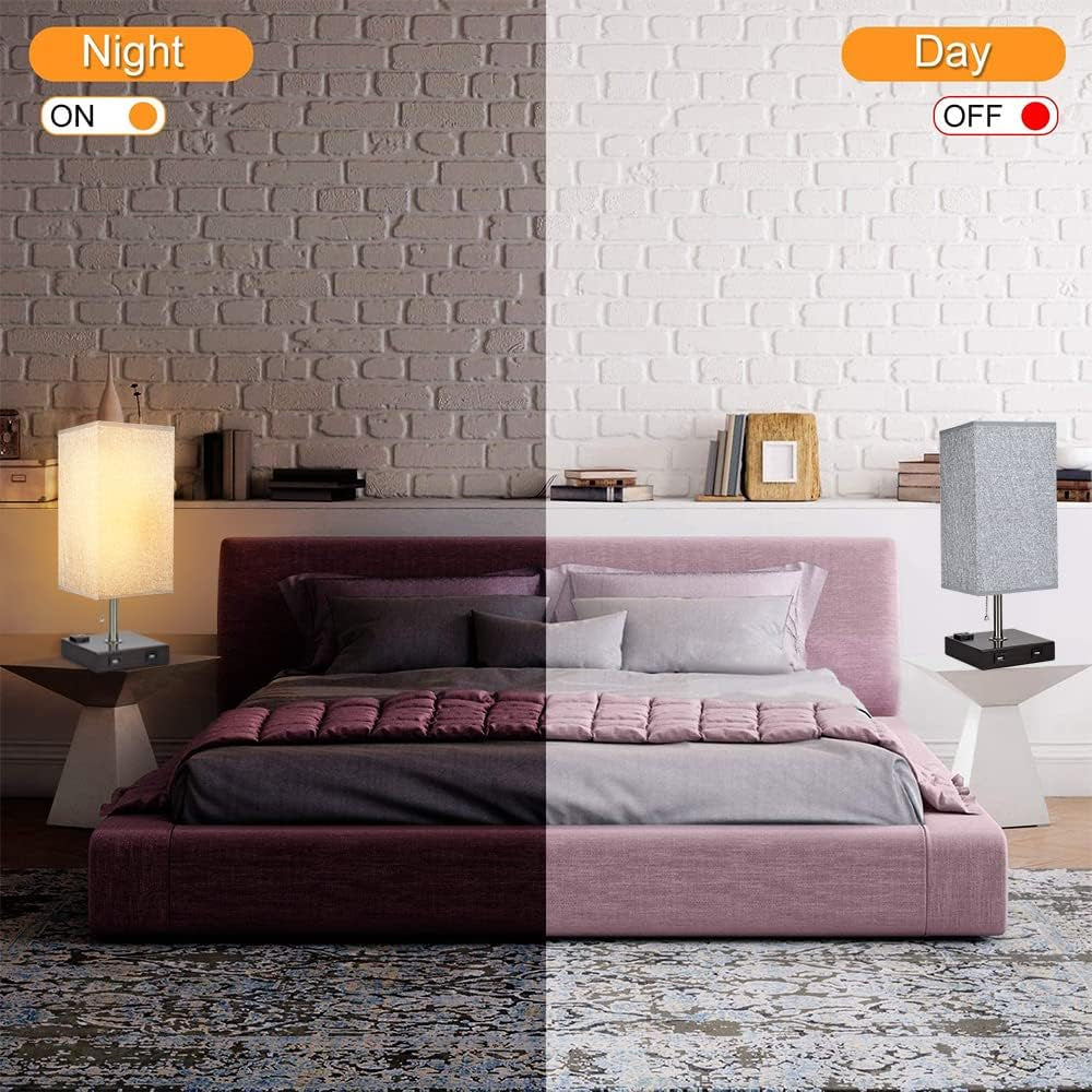 USB Table Lamp for Bedroom, Minimalist Nightstand Table Lamp with Dual USB Ports, Bedside Desk Lamps with Grey Fabric Shade Side Lamps for Living Room, Office, Kids Room, Study (Set of 2)