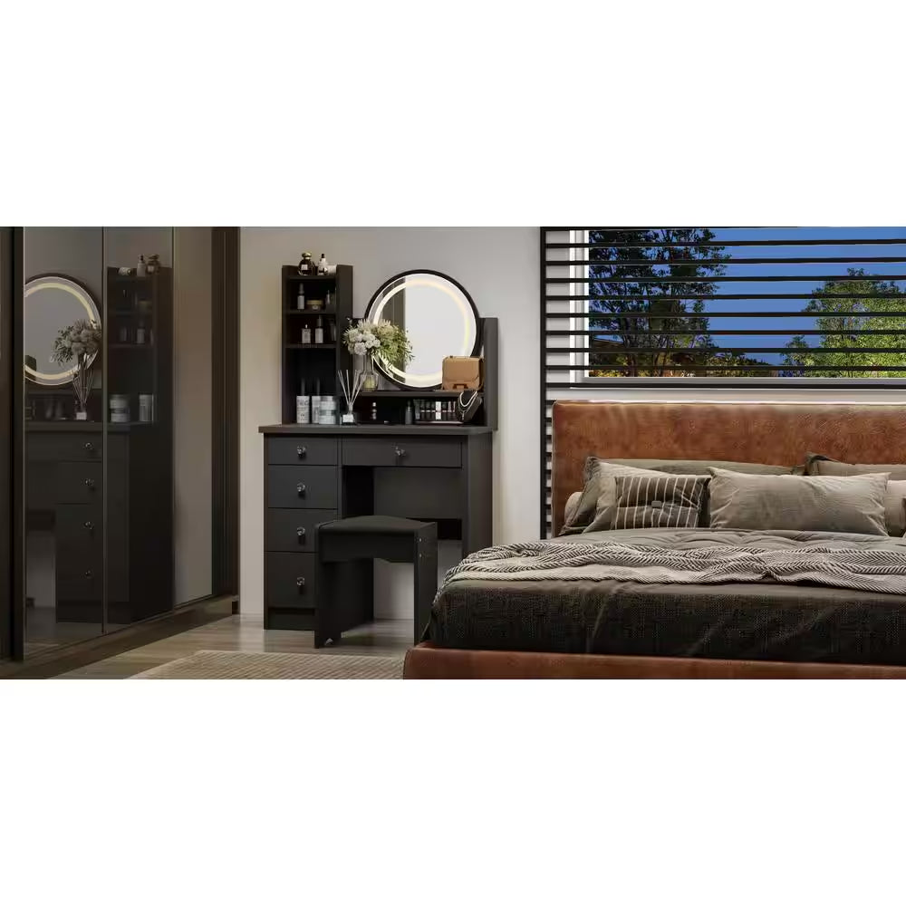 5-Drawers Black Wood Makeup Vanity Set Dressing Desk W/Stool, LED round Mirror and Storage Shelves
