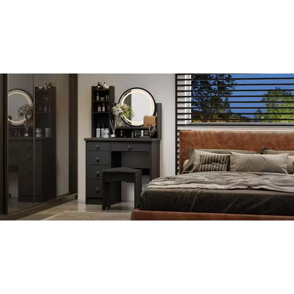 5-Drawers Black Wood Makeup Vanity Set Dressing Desk W/Stool, LED round Mirror and Storage Shelves