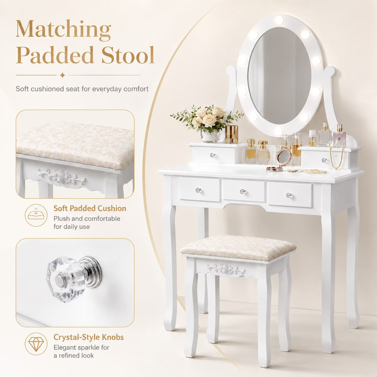 Vanity Table 10 LED Lights, 5 Drawers Makeup Dressing Desk with Cushioned Stool Set,Bedroom Vanities Set White