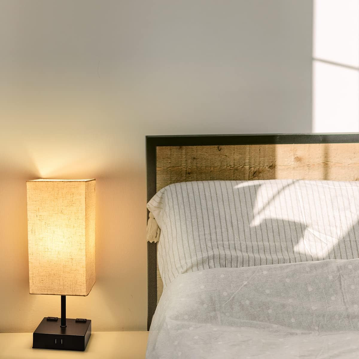 Set of 2 Touch Control Table Lamps,2 USB Ports,2 AC Outlet,3 Way Dimmable Modern Bedside Nightstand Lamp with Fabric Shade,For Living Room Bedroom Hotel,Led Bulb Included(2 Pack)