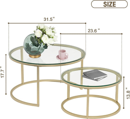 round Nesting Coffee Table Set, with 31.5 in Clear Tempered Glass Top and Gold Metal Legs, Accent Wooden Stacking Side Tea Table for Living Room Eagle
